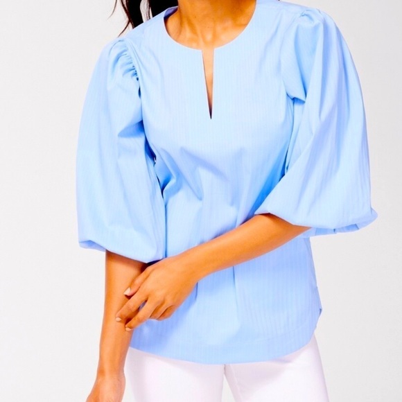CHICO’S No Iron Stretch Blue Shadow Stripe Top Balloon Sleeves Size Medium NWT - Picture 1 of 9